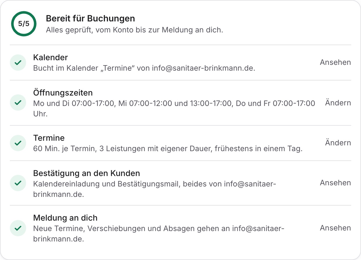 die Liste mit fünf grünen Haken, im Ring „5/5“, daneben „Bereit für Buchungen“.