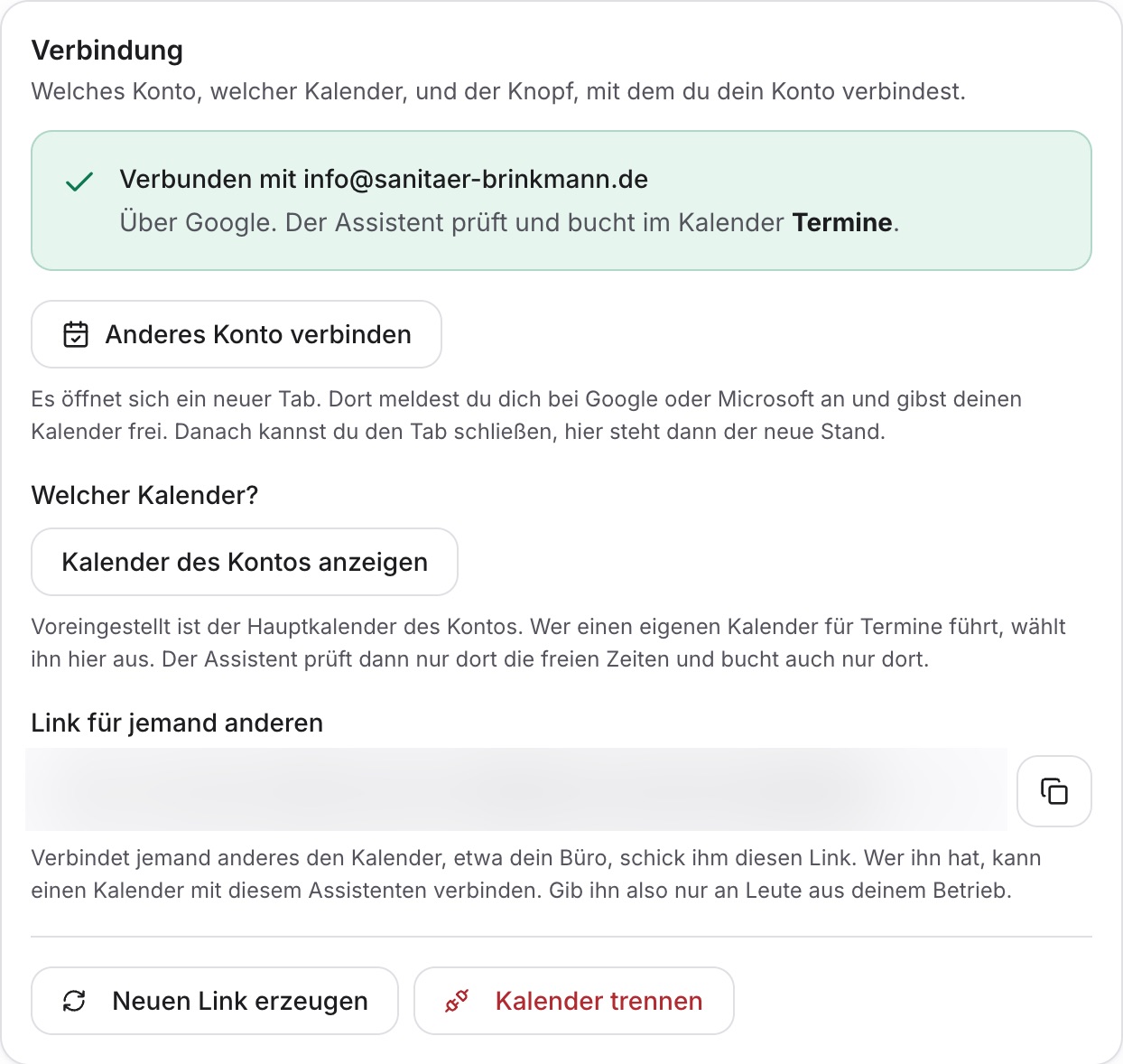 Abschnitt „Verbindung“ nach dem Verbinden: grün „Verbunden mit info@sanitaer-brinkmann.de“, über Google, darunter „Anderes Konto verbinden“.