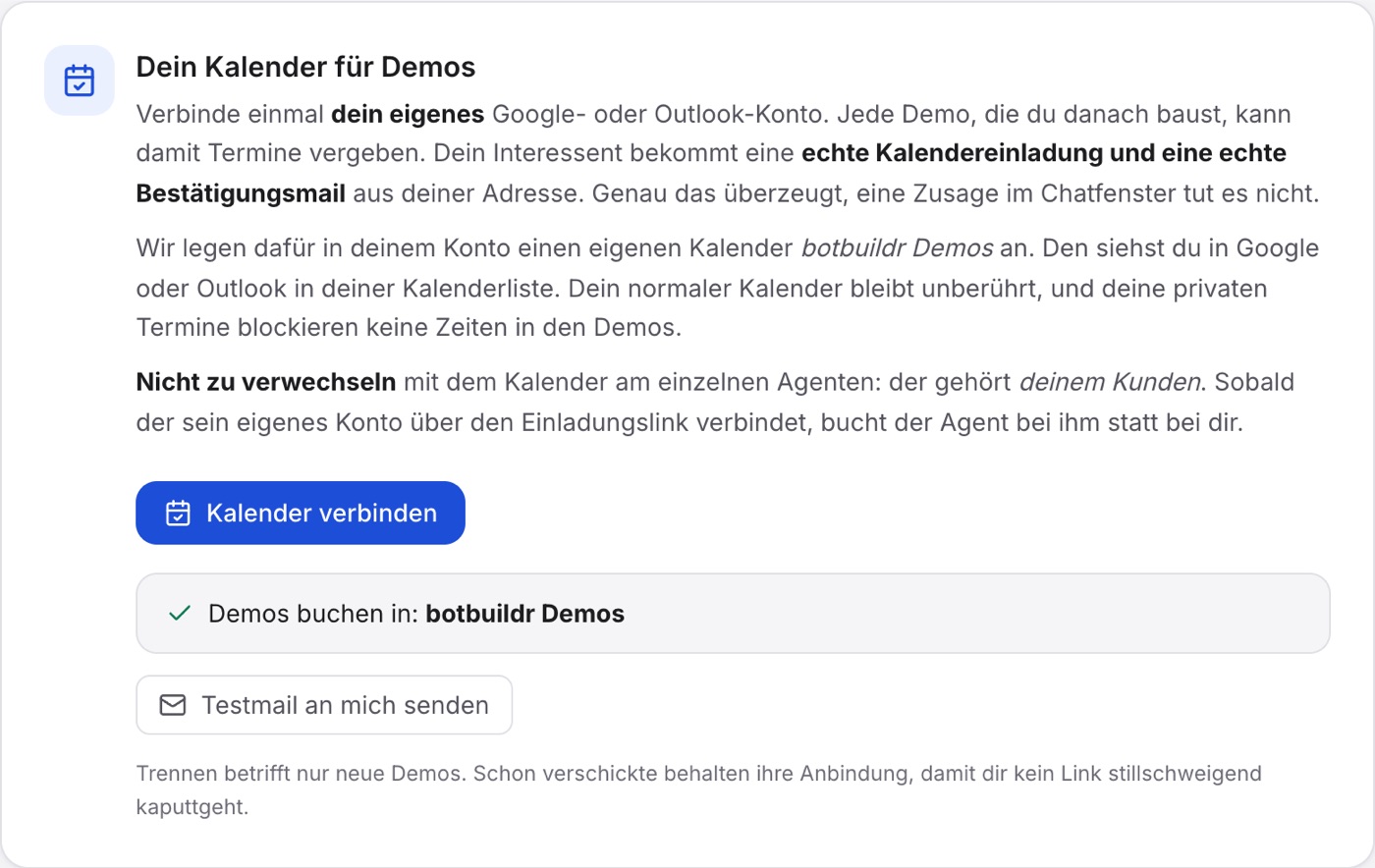 Die Karte „Dein Kalender für Demos“ unter Konto, unten „Demos buchen in: botbuildr Demos“ und „Testmail an mich senden“.