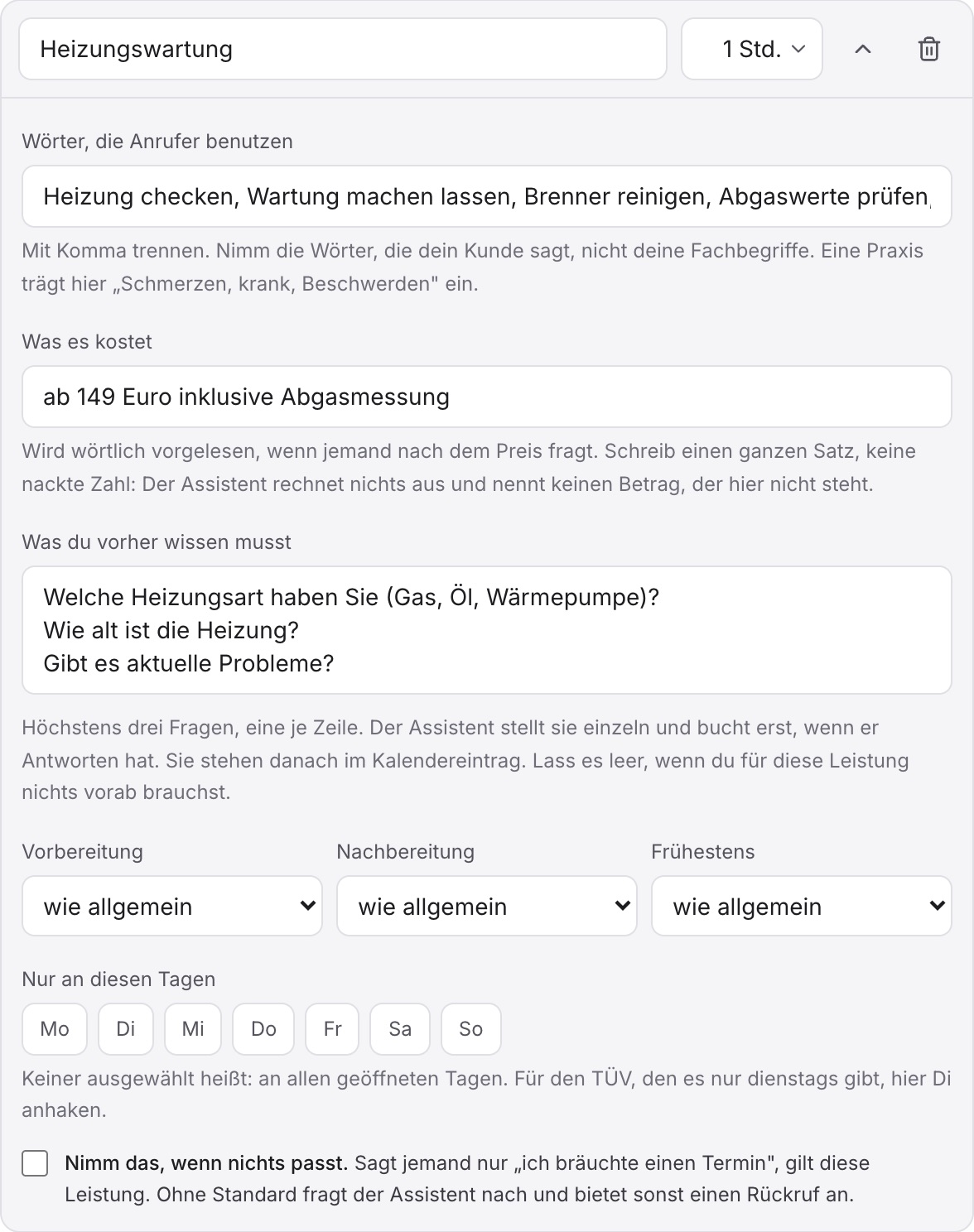 Die Leistung Heizungswartung aufgeklappt: Wörter, die Anrufer benutzen, bei „Was es kostet“ „ab 149 Euro inklusive Abgasmessung“ und drei Fragen vor der Buchung.