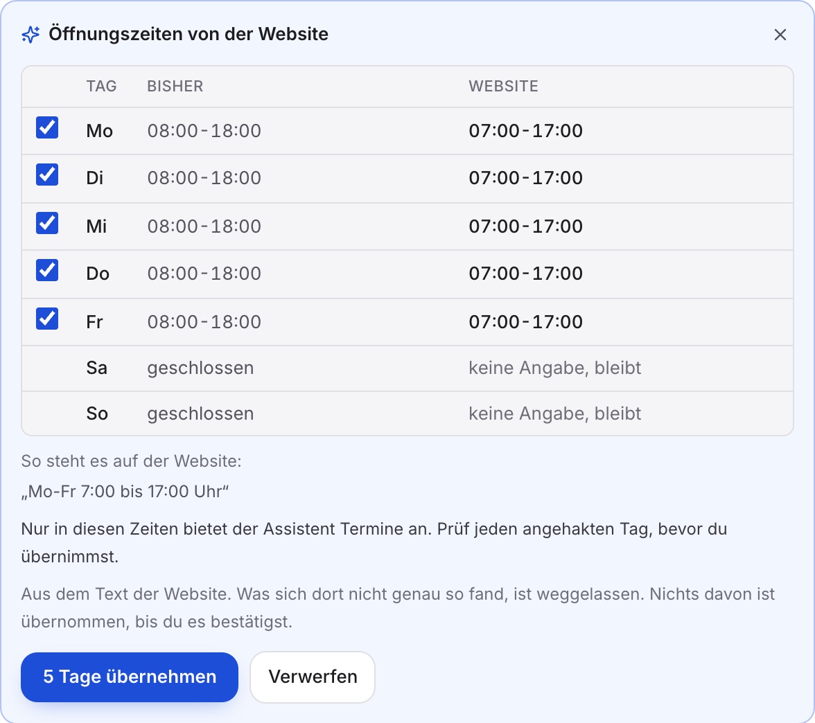 Kasten „Öffnungszeiten von der Website“ mit den Spalten Tag, Bisher und Website, Montag bis Freitag angehakt, darunter „So steht es auf der Website: Mo-Fr 7:00 bis 17:00 Uhr“.