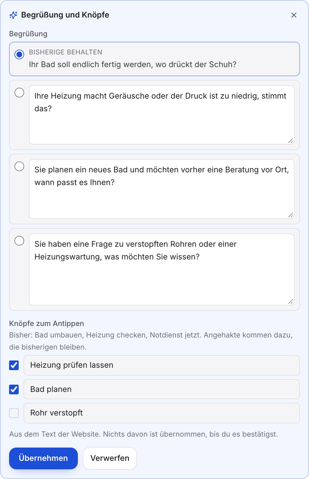 Kasten „Begrüßung und Knöpfe“ mit der bisherigen Begrüßung und drei Vorschlägen zur Auswahl, darunter neue Knöpfe zum Antippen und „Übernehmen“.