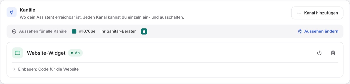 Reiter Einrichtung, Abschnitt Kanäle, oben der Streifen „Aussehen für alle Kanäle“ mit Farbe und Name, darunter die Karte „Website-Widget“ mit dem Etikett „An“.