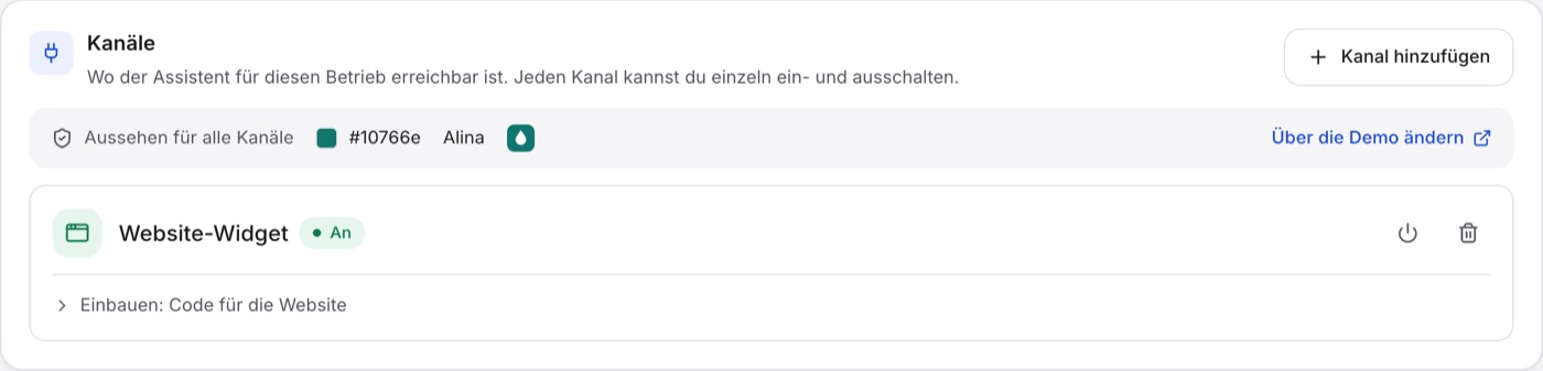 Kunden › Sanitär Brinkmann › Einrichtung, Abschnitt Kanäle, oben der Streifen „Aussehen für alle Kanäle“ mit dem Link „Über die Demo ändern“, darunter die Karte „Website-Widget“ mit „An“.