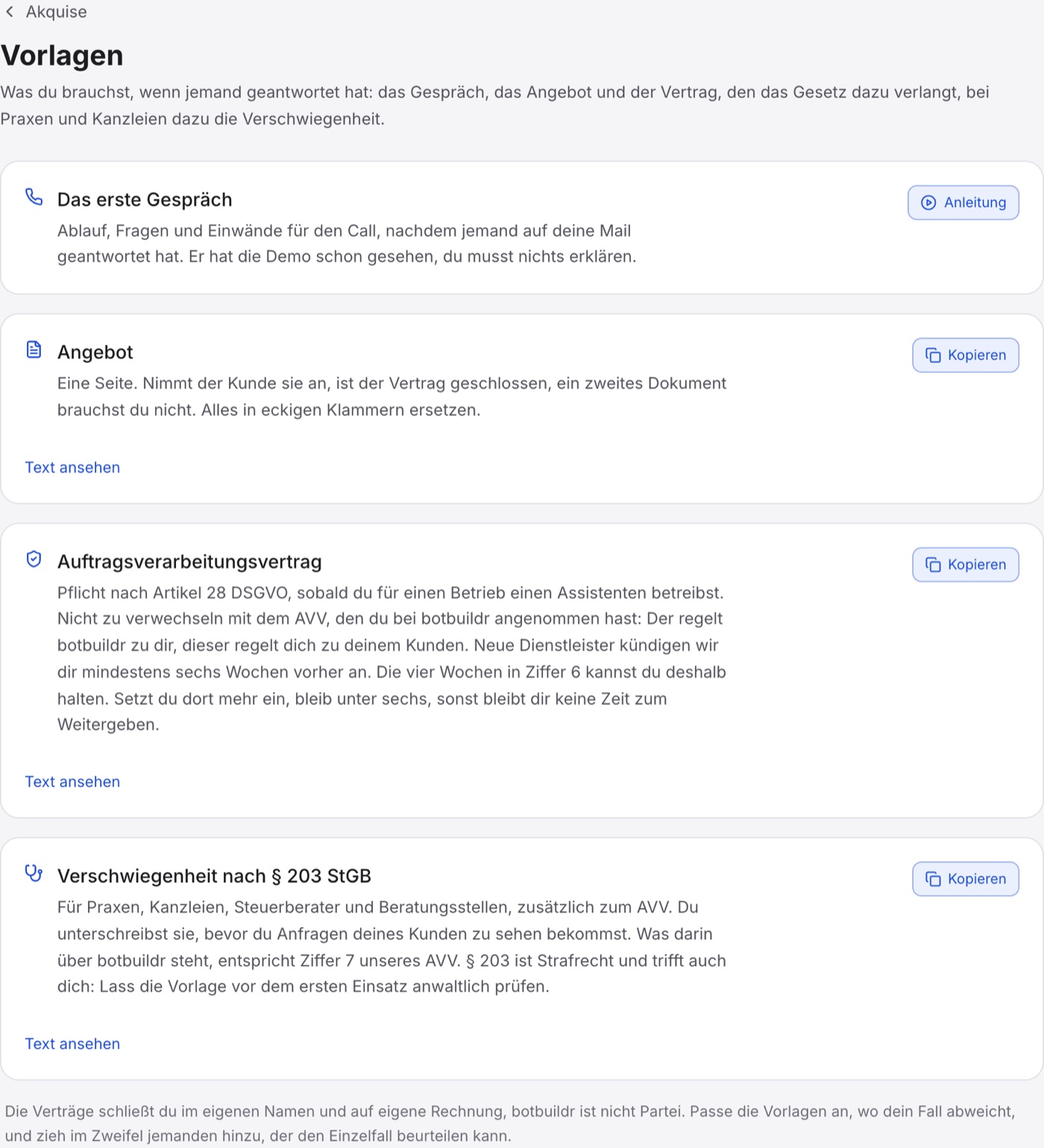 Die Seite „Vorlagen“ mit Gesprächsleitfaden, Angebot, Auftragsverarbeitungsvertrag und der Verschwiegenheit nach § 203 StGB.