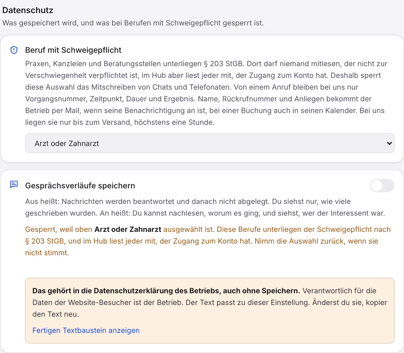„Anderer Heilberuf (Heilpraktiker, Physio, Hebamme, Pflege)“ gewählt, darunter der graue Schalter mit „Gesperrt, weil oben … ausgewählt ist.“