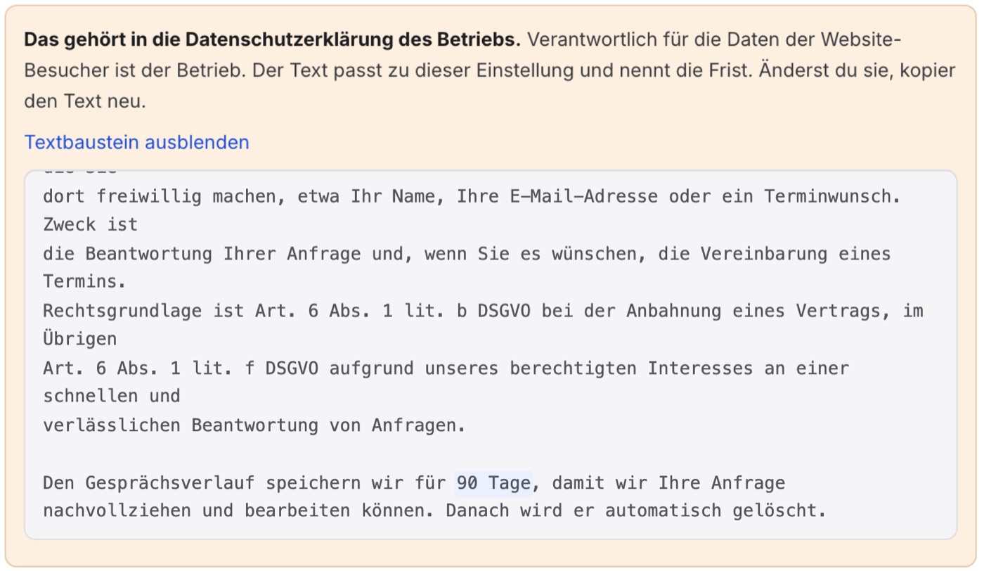 „Aufbewahrung 90 Tage“, darunter der geöffnete Textbaustein für die Datenschutzerklärung, in dem dieselbe Frist hervorgehoben ist.