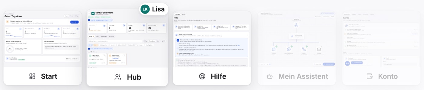 Was Lisa Krämer sieht: Start, Hub und Hilfe, die übrigen Bereiche sind für sie nicht da.