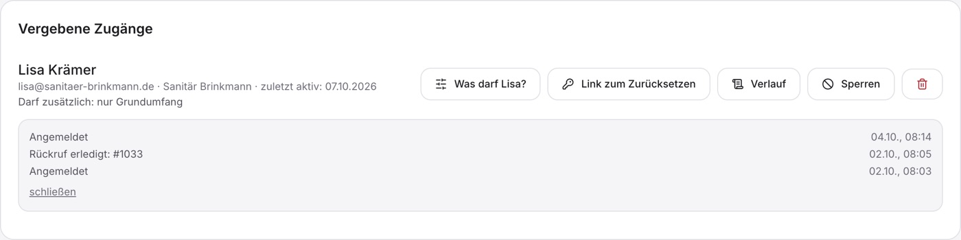 Die Zeile „Lisa Krämer“ mit Adresse, „Sanitär Brinkmann“, „zuletzt aktiv“ und „Darf zusätzlich: nur Grundumfang“, rechts „Was darf Lisa?“, „Link zum Zurücksetzen“, „Verlauf“ und „Sperren“, darunter der aufgeklappte Verlauf.