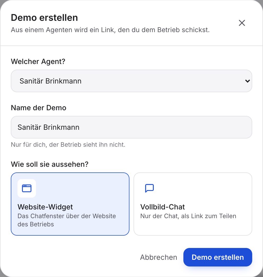 „Demo erstellen“ mit „Welcher Agent?“ (Sanitär Brinkmann), „Name der Demo“ und den Karten „Website-Widget“ und „Vollbild-Chat“, Website-Widget markiert.