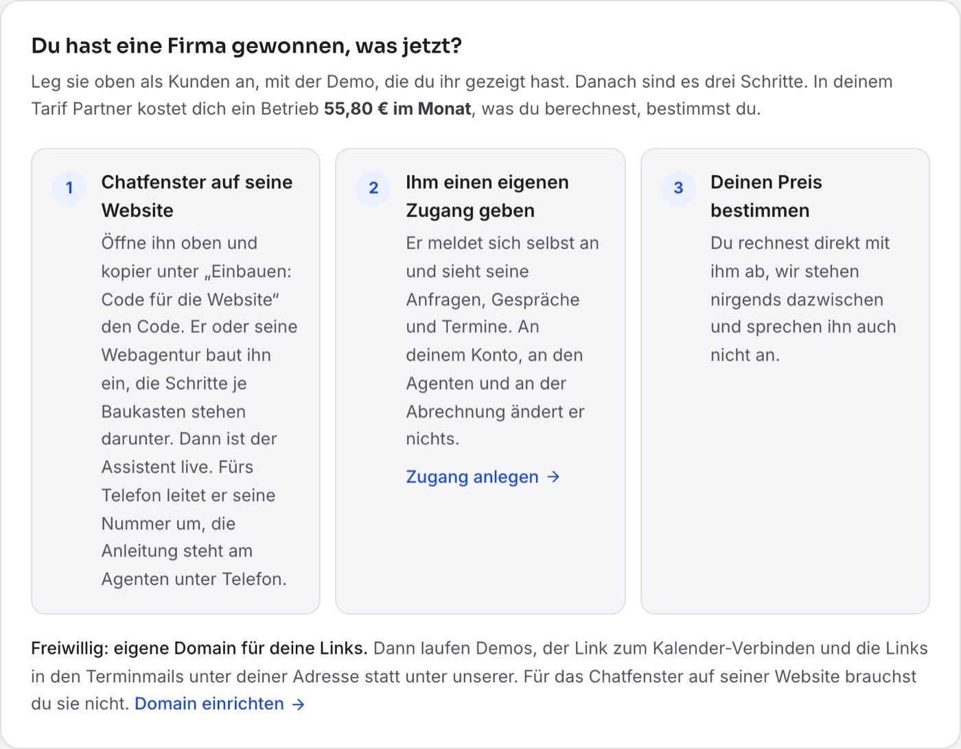 Kasten „Du hast eine Firma gewonnen, was jetzt?“ mit dem Satz zu den Kosten je Betrieb, den drei Karten „Chatfenster auf seine Website“, „Ihm einen eigenen Zugang geben“ und „Deinen Preis bestimmen“ und darunter „Freiwillig: eigene Domain für deine Links“.
