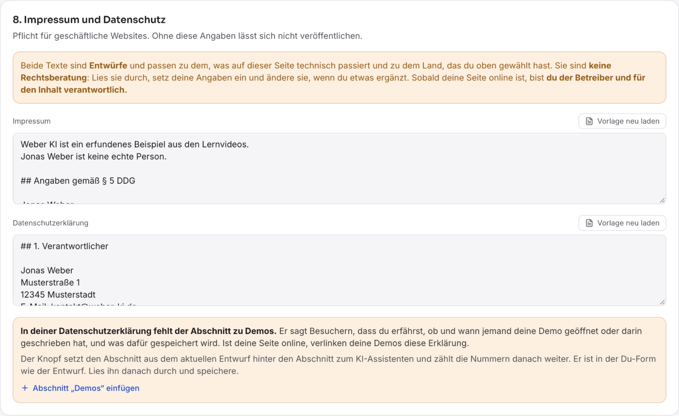 Block 8 mit dem orangefarbenen Kasten zum fehlenden Demo-Abschnitt und dem Knopf „Abschnitt „Demos“ einfügen“.