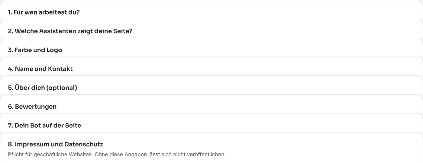 Die Blöcke des Website-Editors, von „1. Für wen arbeitest du?“ bis „8. Impressum und Datenschutz“.