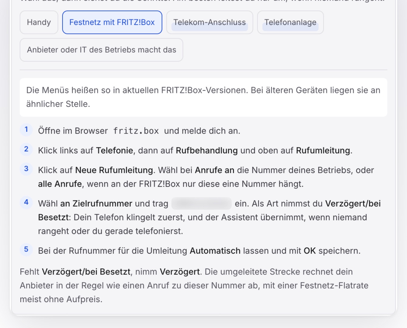 „Festnetz mit FRITZ!Box“ gewählt, darunter fünf Schritte von „Öffne im Browser fritz.box“ bis „mit OK speichern“, die Zielnummer weichgezeichnet.