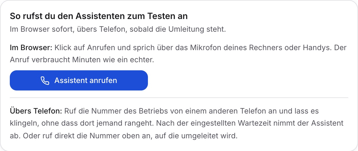 Abschnitt „So rufst du den Assistenten zum Testen an“ mit „Im Browser:“, dem Knopf „Assistent anrufen“ und „Übers Telefon:“.