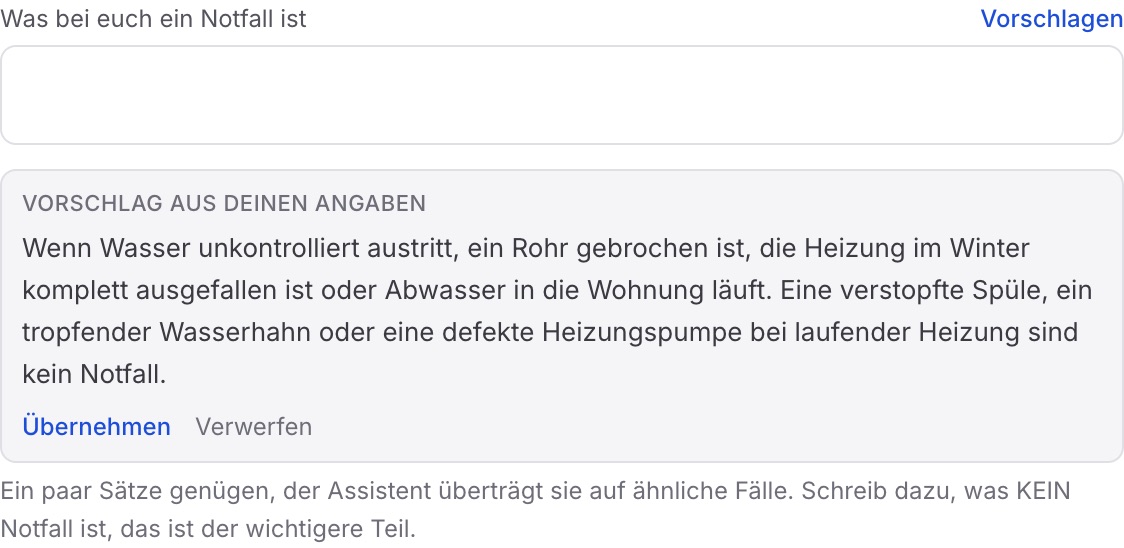 Feld „Was bei euch ein Notfall ist“, darunter der Vorschlag mit „Übernehmen“ und „Verwerfen“.