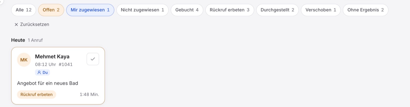Filterleiste mit „Alle“, „Offen“ und „Mir zugewiesen“ aktiv, darunter nur die Kacheln mit der Marke „Du“.