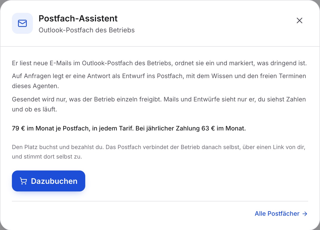 Fenster „Postfach-Assistent“ am Agenten von Sanitär Brinkmann, die drei Sätze, was er tut, der Preis, darunter „Den Platz buchst und bezahlst du …“ und der Knopf Dazubuchen.