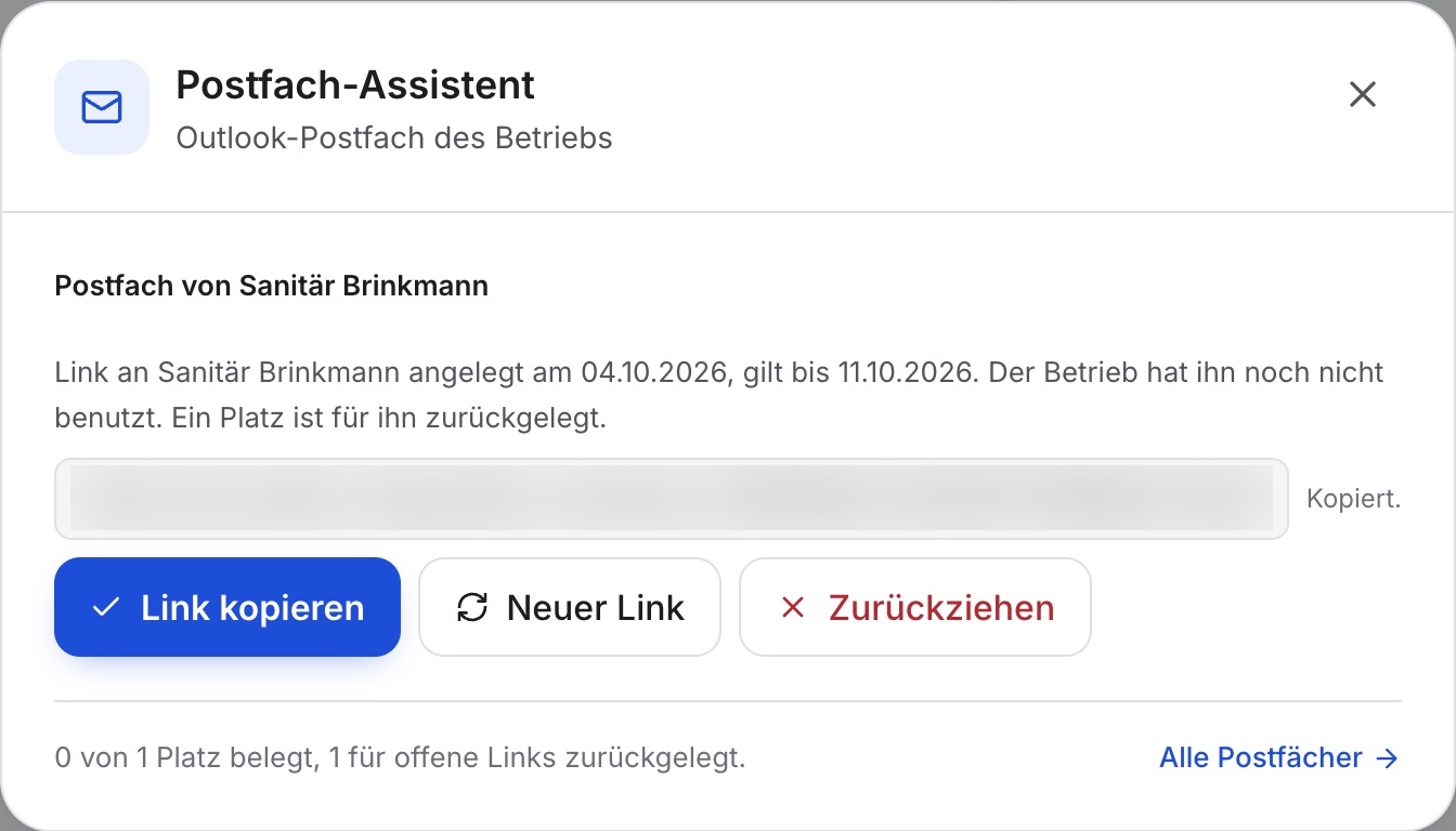 Der angelegte Link, weichgezeichnet, mit „Kopiert.“, darüber „Link an Sanitär Brinkmann angelegt am …, gilt bis …“, darunter „Link kopieren“, „Neuer Link“ und „Zurückziehen“.