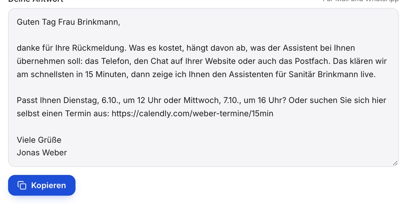 Die fertige Antwort an Frau Brinkmann ohne Preis, mit zwei Zeiten für den Call und dem Buchungslink, darunter „Kopieren“.