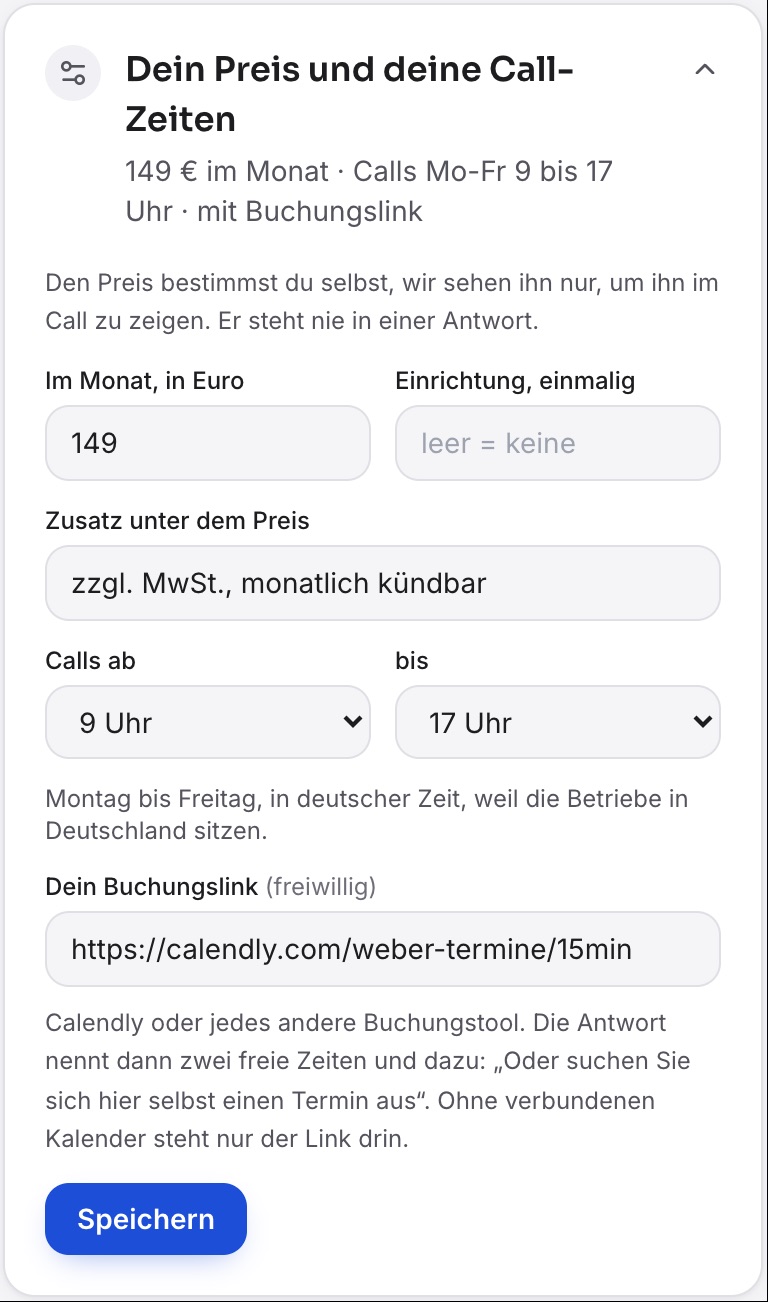 Die aufgeklappte Karte „Dein Preis und deine Call-Zeiten“ mit Preis im Monat, Call-Zeiten und dem Feld „Dein Buchungslink“.