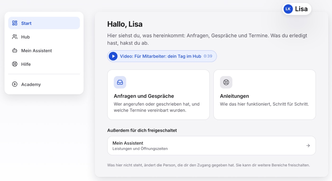 Lisas Menü mit Start, Hub, Mein Assistent, Hilfe und Academy, daneben ihre Startseite mit „Außerdem für dich freigeschaltet: Mein Assistent, Leistungen und Öffnungszeiten“.