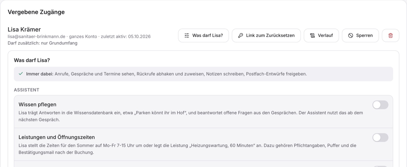„Vergebene Zugänge“ mit Lisa Krämer, „Darf zusätzlich: nur Grundumfang“, darunter „Was darf Lisa?“ mit „Immer dabei“ und den ersten Schaltern der Gruppe Assistent, alle aus.