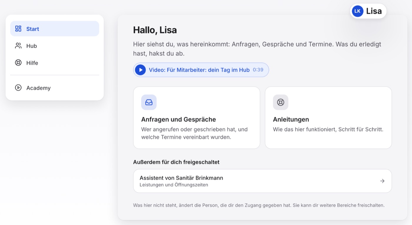 Lisas Menü mit Start, Hub, Hilfe und Academy, daneben ihre Startseite mit „Außerdem für dich freigeschaltet: Assistent von Sanitär Brinkmann, Leistungen und Öffnungszeiten“.